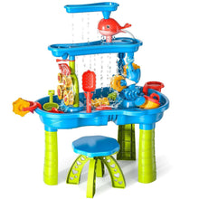 Kids dinosaur sand and water table with blue tiers, red dolphin, and green support legs