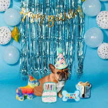 Plush birthday dog toy set: cake, rainbow unicorn, Party Animal bone, and hat