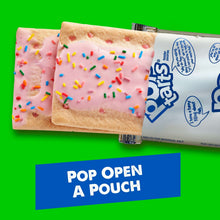 Pop-Tarts pop-open pouch with frosted strawberry milkshake pastries and sprinkles.