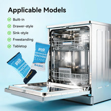 Dishwasher cleaner tablets shown with open dishwasher, compatible with built-in models