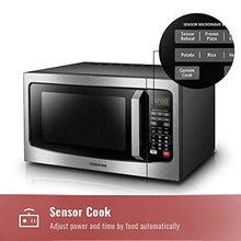Stainless steel Toshiba countertop microwave oven with control panel and sensor cooking callout