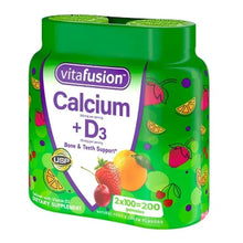 Calcium + D3 vitamin gummy supplement bottle front, green with fruit graphics.