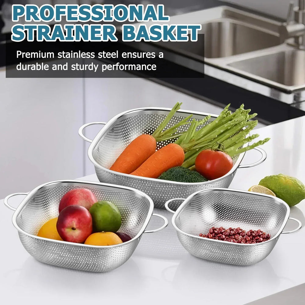 VeSteel Colander Set of 3, Stainless Steel Micro-Perforated Colanders Strainers for Draining Rinsing Washing, Ideal for Pasta Vegetables Fruits, Heavy Duty & Dishwasher Safe - USA MEGA SHOP