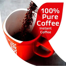 Instant coffee cup with dark coffee and a spoon, with red promotional graphic