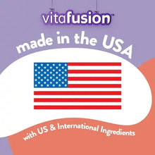 Made in the USA graphic for gummy vitamin supplement with U.S. flag and badge.