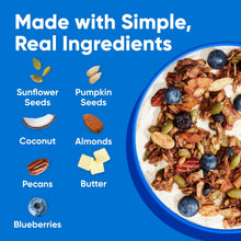 NuTrail nut granola ingredients graphic with blueberries, almonds, pecans, and coconut
