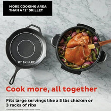 Multi-cooker with 12 in skillet insert and stainless pot with cooking contents