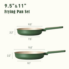 Green frying pan set of two skillets shown with size diagram