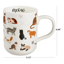 White cat mug with meow on rim, assorted cat prints, right-side handle