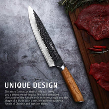 Damascus chef knife with olive-wood handle and hammered dark patterned blade