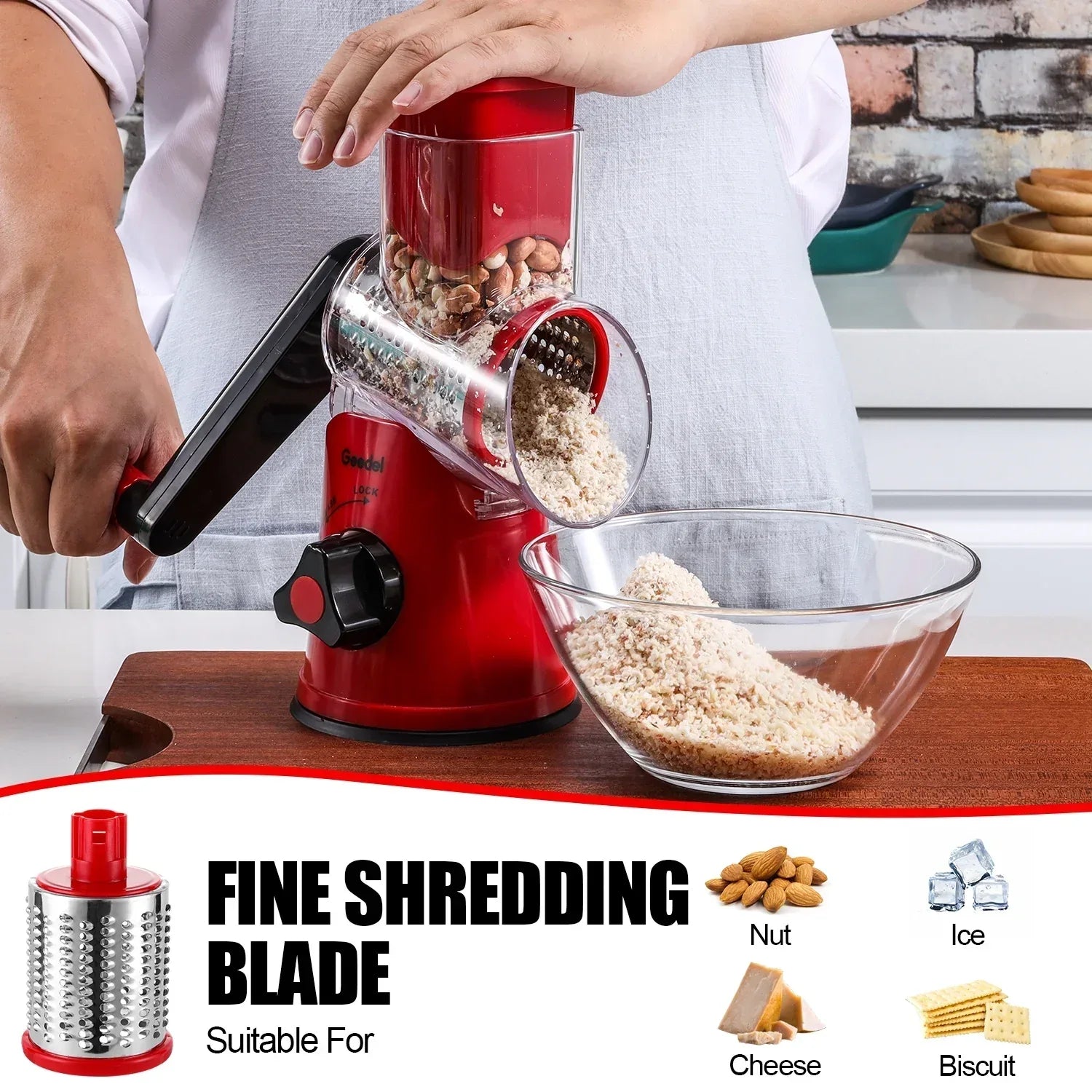Geedel Rotary Cheese Grater, Kitchen Grater Vegetable Slicer with 3 Interchangeable Blades, Powerful Suction, Dishwasher Safe, Easy to Clean Grater for Vegetable, Fruit, Nuts - USA MEGA SHOP