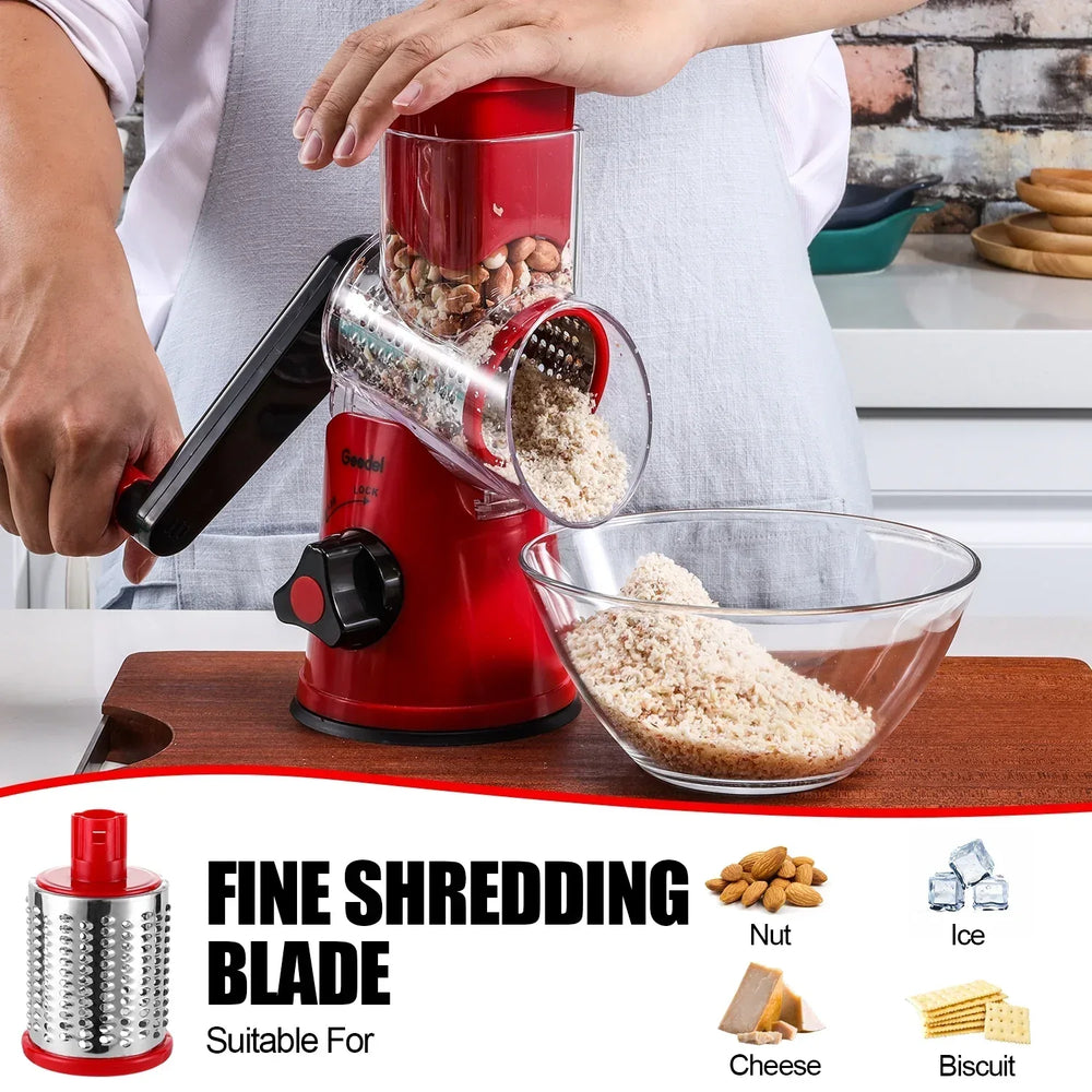 Geedel Rotary Cheese Grater, Kitchen Grater Vegetable Slicer with 3 Interchangeable Blades, Powerful Suction, Dishwasher Safe, Easy to Clean Grater for Vegetable, Fruit, Nuts - USA MEGA SHOP