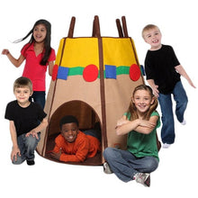 Fabric teepee tent: beige sides, yellow top paneling, red circle, blue trim, wooden poles