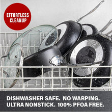 Square nonstick frying pan placed in a dishwasher rack, speckled black interior.