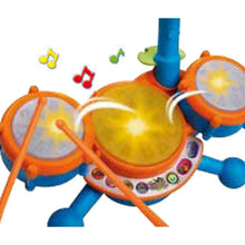 Orange and blue drum set with yellow center pad and two side drum pads