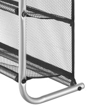 Over-the-door shoe rack, silver U-shaped base and mesh shelves with black trim