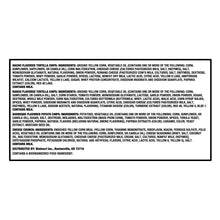 Ingredients label for tortilla chips and cheese crunch, with allergen notes