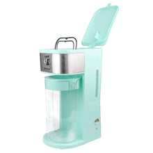 Teal iced coffee and tea maker with glass pitcher and open top lid