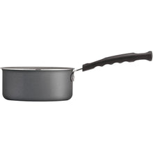 Open sauce pan with black handle and steel gray body, angled view
