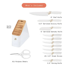 Knife block set components: white knife block, chef knife, utility knives, serrated knives, shears