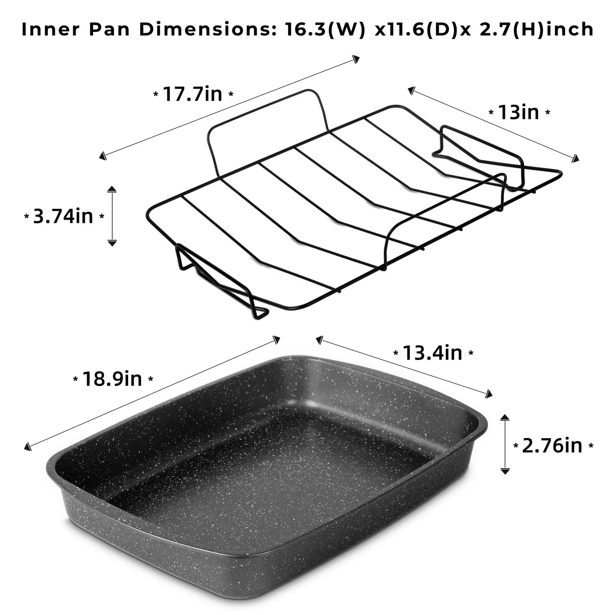 Mainstays Rectangle 18.9" Non-Stick Carbon Steel Grey With Speckle Roaster Pan & Wire Rack Gauge on 0.5 mm Thickness