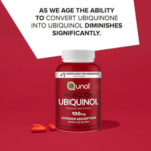 Qunol Mega CoQ10 Ubiquinol 100 mg softgel bottle with scattered orange softgels