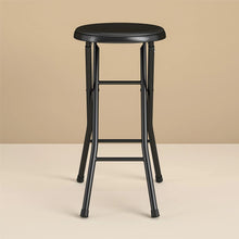 Black round seat folding stool with X-frame legs and foot caps