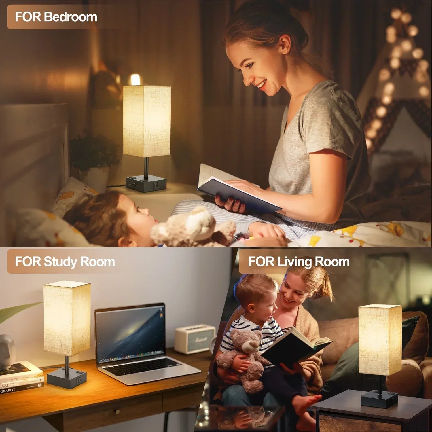Walchoice Touch Control Table Lamp for Bedroom, 3-Way Dimmable Desk Lamp with USB A+C Charging Ports & 2-Prong AC Outlets, Nightstand Lamp with Rectangular Flaxen Shade - USA MEGA SHOP