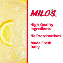 Lemonade label graphic with lemon slice and Milo's branding