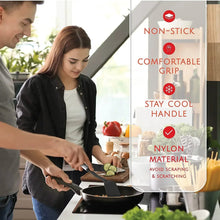 Black cooking utensil set with nylon handle and non-stick grip shown on packaging