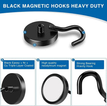 Black magnetic hook with round base, top fastener, and curved hanging hook