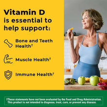 Vitamin D supplement promotion panel with woman holding a gummy and icons