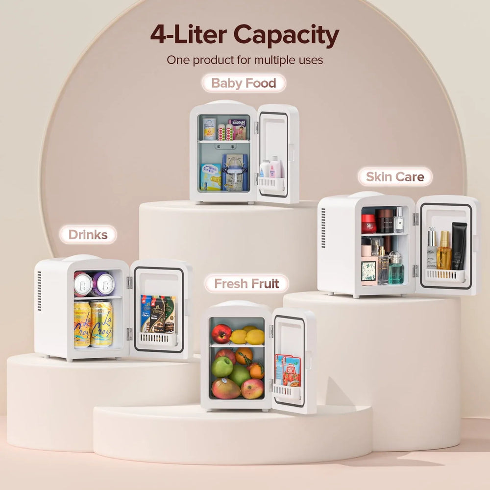 Auseo Mini Portable Fridge Personal, Countertop, 4L/6 Cans, Cooler Small Refrigerator, Front Door Stainless Steel, AC/DC, Option for Skincare, Makeup, Drinks, Dorm Room, White - USA MEGA SHOP