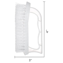 White scrub brush with size markings: 3 in wide, 4 in tall