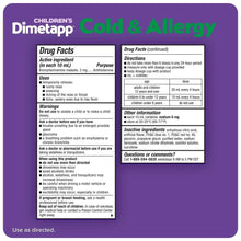 Dimetapp Cold & Allergy Drug Facts continued panel with dosage and questions