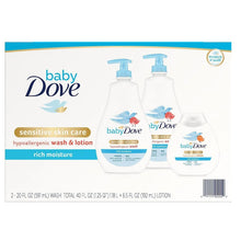 babyDove wash and lotion set with two pump bottles and lotion bottle, blue accents