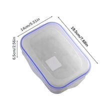 Rectangular food container with lid, translucent gray plastic, blue trim; size markings shown