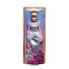Fashion doll in retail box packaging, wearing a sparkly light-blue gown and tulle gloves