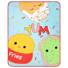 Character square throw blanket, blue with fries and taco faces, YUM and red border