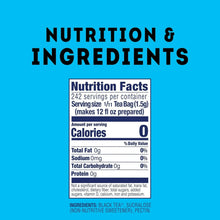Nutrition facts and ingredients panel for sweet black tea, calories 0