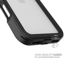 Close-up waterproof phone case corner with raised edge and clear front opening