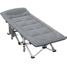 Folding camping cot with black-and-white cushioned mattress and adjustable legs
