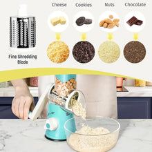 Rotary cheese grater with fine shredding blade drum and stainless grater attachments