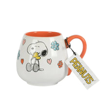 White ceramic mug with orange rim and handle, Peanuts Snoopy mother/baby; tag reads “Peanuts”