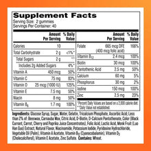 Supplement Facts label for multivitamin gummies with serving size and ingredients list