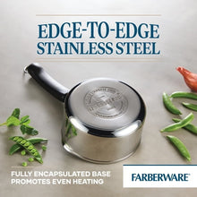 Stainless steel saucepan with black handle and encapsulated base, shown from above