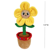 Talking plush sunflower in tan pot, yellow petals and green stem, 13 in tall