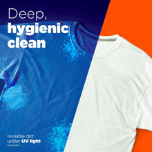 White t-shirt with blue cleaning splash graphic for hygienic wash and UV light protection.
