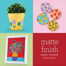 Matte acrylic paint project samples: planter, plates, and framed art