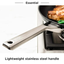 Stainless steel frying pan handle with oval hanging hole and branding on black base